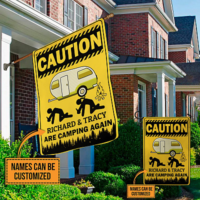 Alternative view of Personalized Names Caution Camping Again Decorative Garden Flag - Indoor Outdoor Flag - House Flag