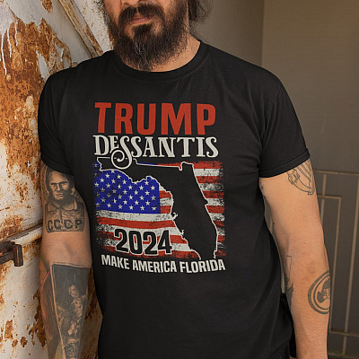 Alternative view of Trump Desantis 2024 Flag Make America Florida T-Shirt - Support Trump Take America Back V-Neck Tee
