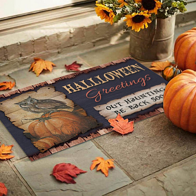 Alternative view of Halloween Greetings Out Haunting Be Back Soon Funny Halloween Indoor Outdoor Doormat