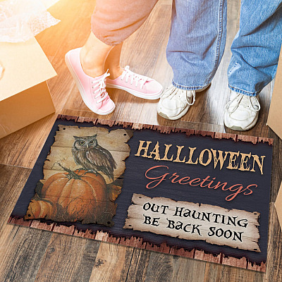 Halloween Greetings Out Haunting Be Back Soon Funny Halloween Indoor Outdoor Doormat