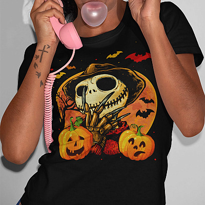 Alternative view of Jack Skellington Freddy Halloween T-Shirt - Funny Halloween Horror Movie Character Shirt