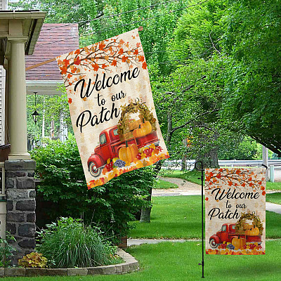 Alternative view of Welcome To Our Patch Fall Leaves Thanksgiving Pumpkin Outdoor Indoor Garden Flag - House Flag - Wall Flag