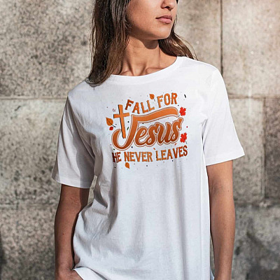 Alternative view of Fall for Jesus He Never Leaves T-Shirt - V-Neck Tee - Youth Tee - Christian Faith Shirts