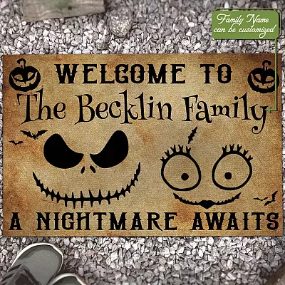Personalized Couple Name Welcome Home A Nightmare Awaits Doormat - Jack I Found You Sally Found Me Halloween Custom Doormat