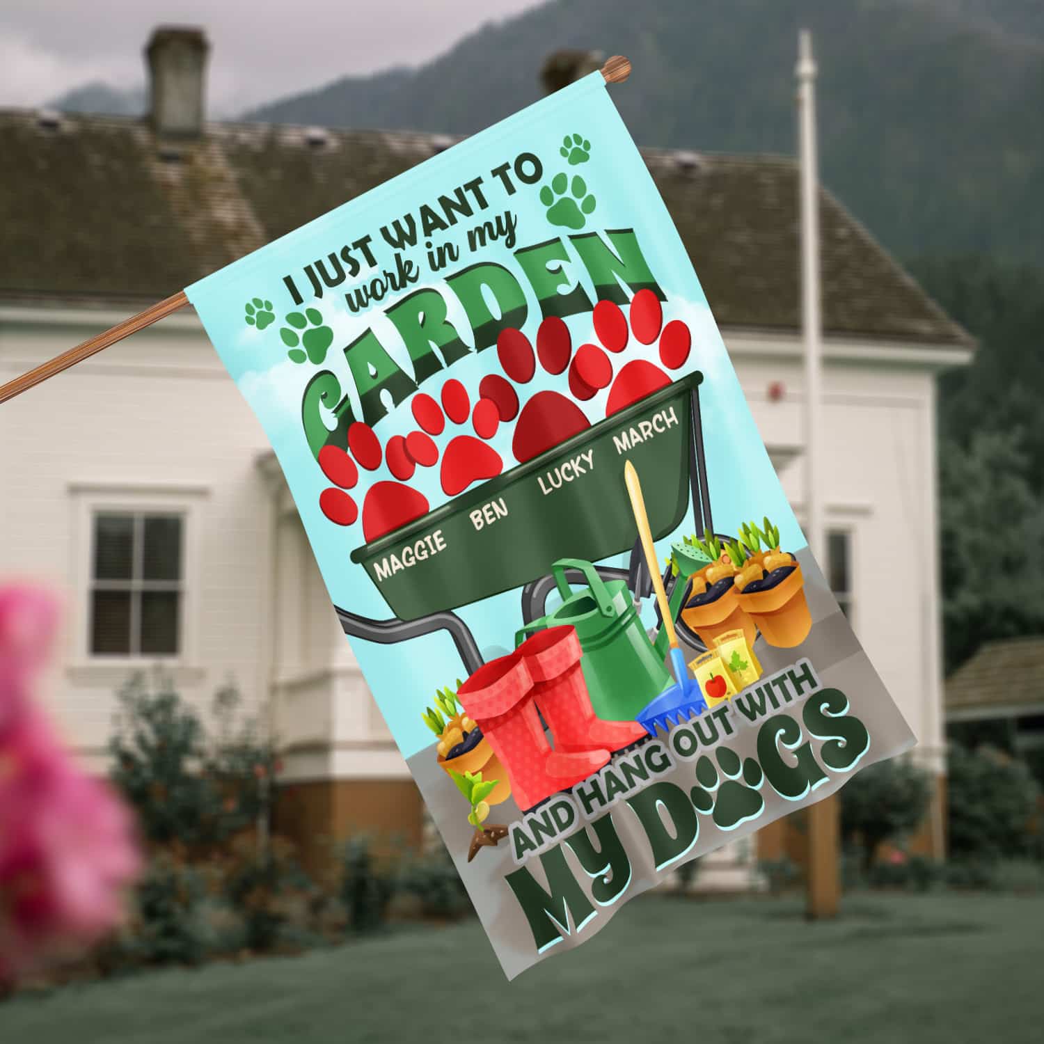 5KT. I Just Want To Work Garden Dog (Sample Design) House Flag Mockup 4