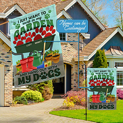 Alternative view of Personalized Dog's Name Saying I Just Want To Work In My Garden and Hang Out With My Dogs Customized Garden House Flag