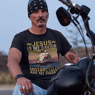 Alternative view of Jesus Is My Savior Motorcycles Are My Therapy Vintage Retro T-Shirt - Motorcycle Lover Shirt