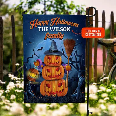 Personalized Family's Name Happy Halloween Funny Pumpkin Garden Flag - Halloween Pumpkin Outdoor House Flag