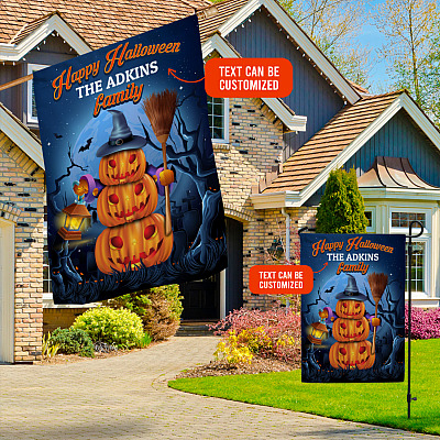 Alternative view of Personalized Family's Name Happy Halloween Funny Pumpkin Garden Flag - Halloween Pumpkin Outdoor House Flag