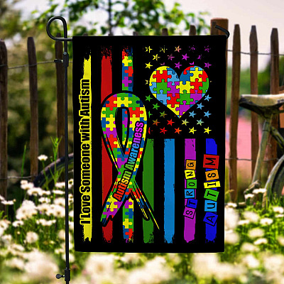 I Love Someone With Autism American Flag Garden Flag - Strong Autism Puzzle House Flag