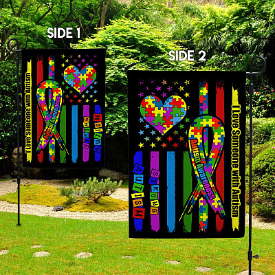 Alternative view of I Love Someone With Autism American Flag Garden Flag - Strong Autism Puzzle House Flag