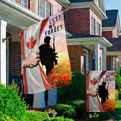 Alternative view of Lest We Forget Canada Veteran Garden Flag - Memorial Day Poppy Remembrance House Flag
