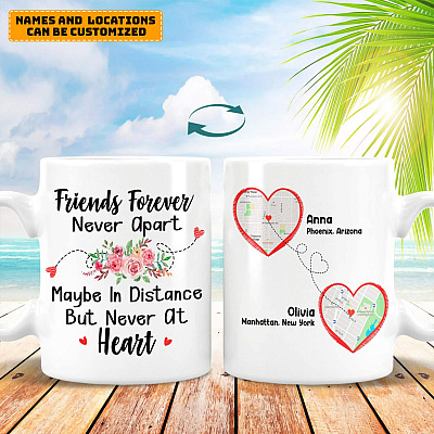 Long Distance Friends Forever Never Apart Personalized Map 2-Sided Coffee Mug - Long Distance Custom Map Mug
