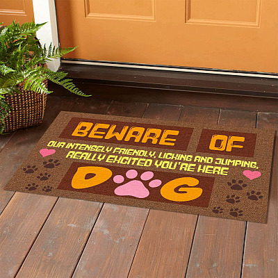 Alternative view of Beware Of Dog Our Intensely Friendly Licking And Jumping Doormat - Dog Lover Indoor Outdoor Doormat