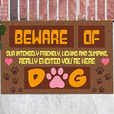 Beware Of Dog Our Intensely Friendly Licking And Jumping Doormat - Dog Lover Indoor Outdoor Doormat