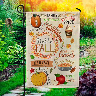 Hello Fall Activities Garden Flag - Seasonal Autumn Football Leaves Pumpkin Apple Family Friend House Flag