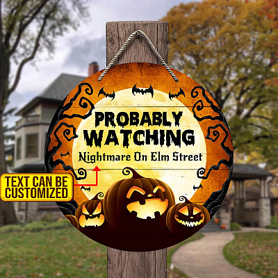 Alternative view of Personalized Probably Watching Halloween Movie Circle Wooden Door Sign - Funny  Horror Movies Front Porch Signs Indoor Outdoor Decor