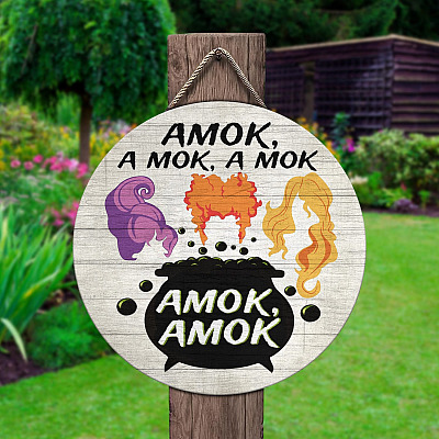 Alternative view of Amok Amok Amok Hocus Pocus Decorative Circle Wooden Door Sign - Halloween Decor Farmhouse