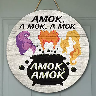 Amok Amok Amok Hocus Pocus Decorative Circle Wooden Door Sign - Halloween Decor Farmhouse