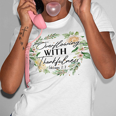 Alternative view of Christian Overflowing with Thankfulness Colossians 2 7 T-Shirt - Floral Christian Shirt for Women - V-Neck Tee