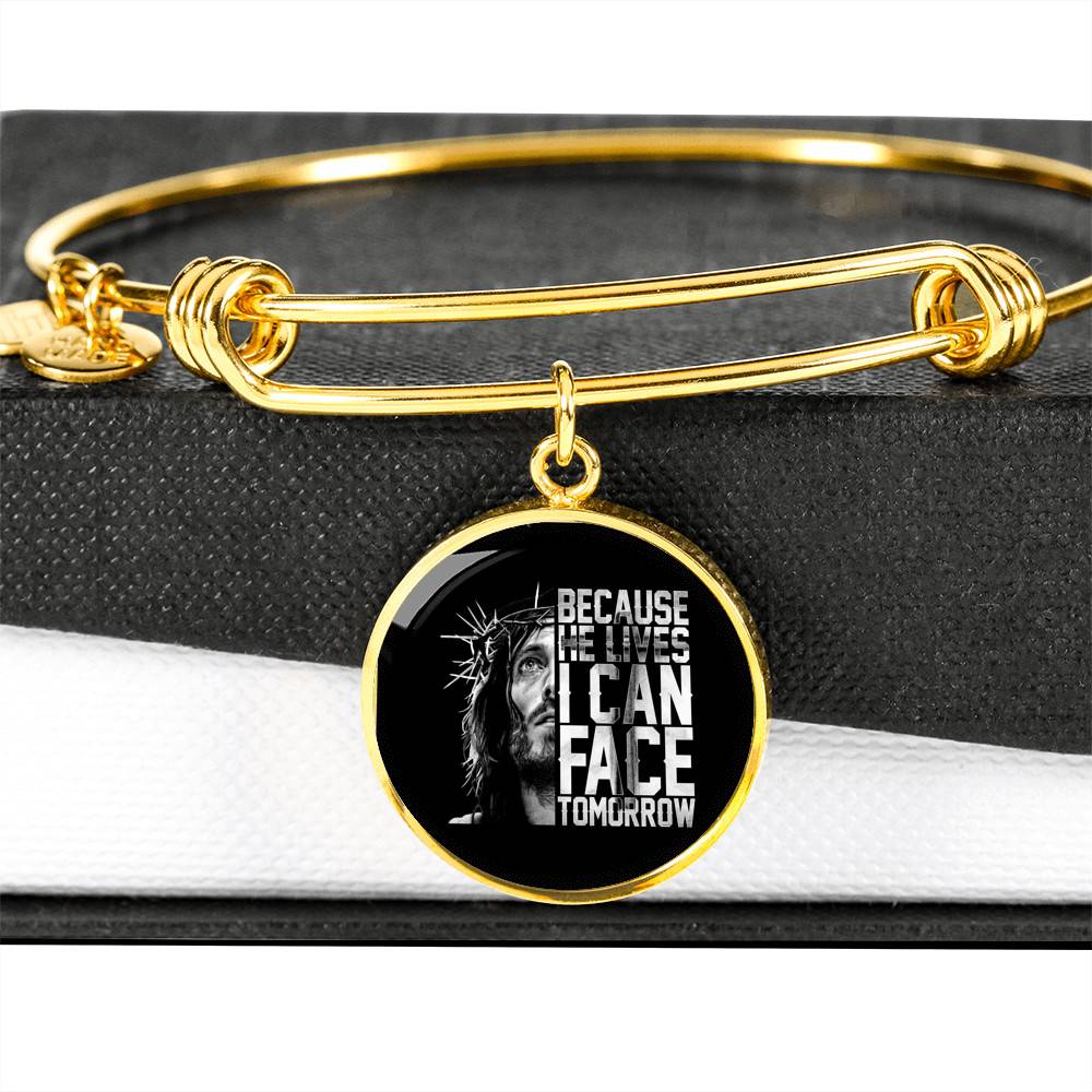 Because He Lives I Can Face Tomorrow Jesus Circle Pendant Necklace - Bangle