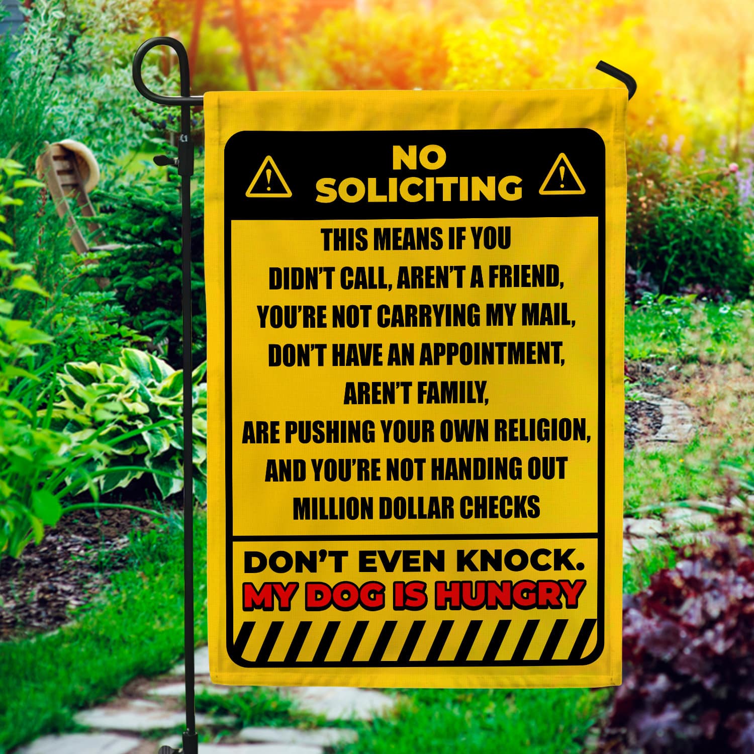 10NH. No Soliciting (6) Garden Flag Mockup 1