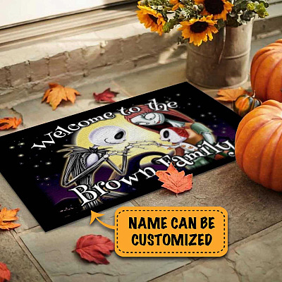 Personalized Jack And Sally Family Nightmare Before Christmas Indoor Doormat - Custom Halloween Outdoor Door Mat
