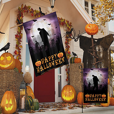 Alternative view of Happy Halloween Bat Zombie Outdoor Indoor Decorative Garden Flag - House Flag - Wall Flag - Horror Flag