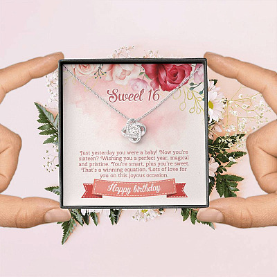 Sweet 16 Happy Birthday Love Knot Necklace - Sweet Sixteen 16th Birthday Necklace - Birthday Jewelry Gifts