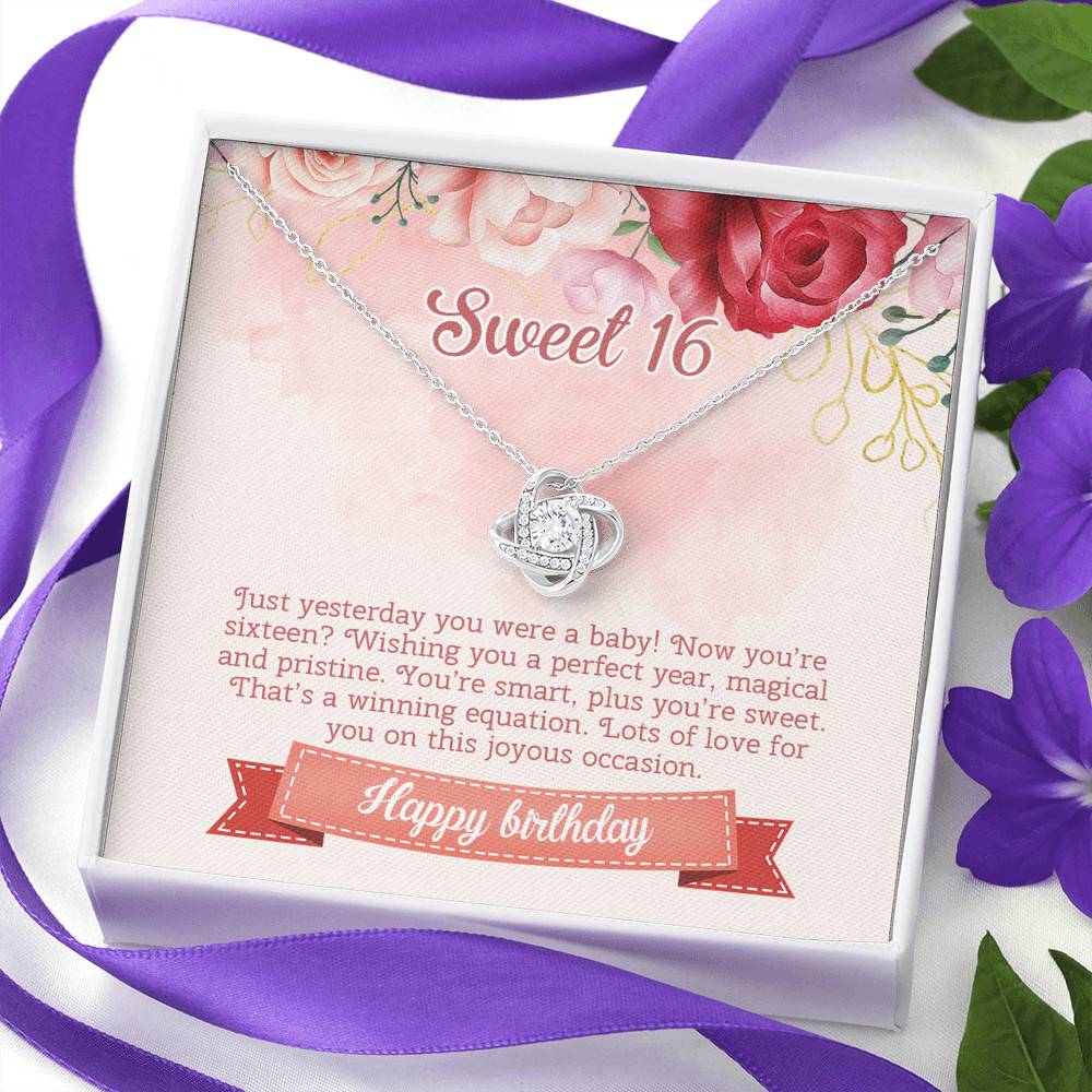 Sweet 16 Happy Birthday Love Knot Necklace - Sweet Sixteen 16th Birthday Necklace - Birthday Jewelry Gifts