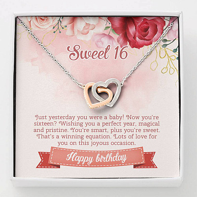 Sweet 16 Happy Birthday Interlocking Hearts Pendant Necklace - Sweet Sixteen 16th Birthday Necklace Jewelry - Interlocking Hearts Necklace