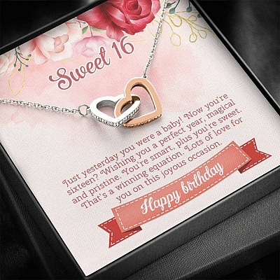 Sweet 16 Happy Birthday Interlocking Hearts Pendant Necklace - Sweet Sixteen 16th Birthday Necklace Jewelry