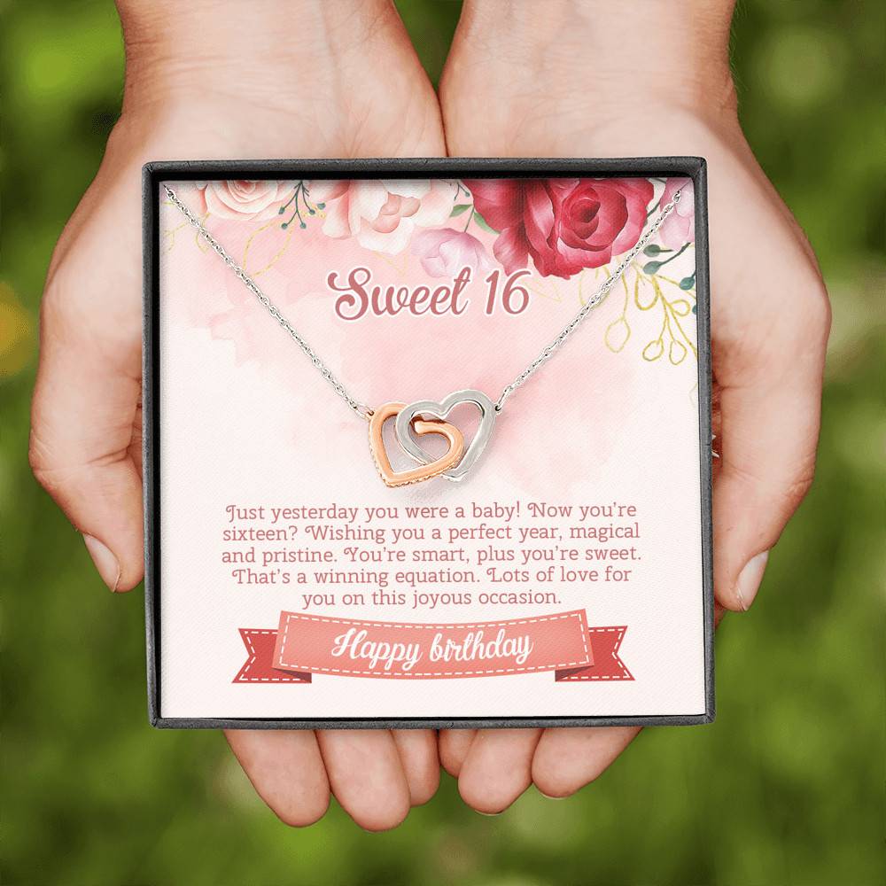 Sweet 16 Happy Birthday Interlocking Hearts Pendant Necklace - Sweet Sixteen 16th Birthday Necklace Jewelry