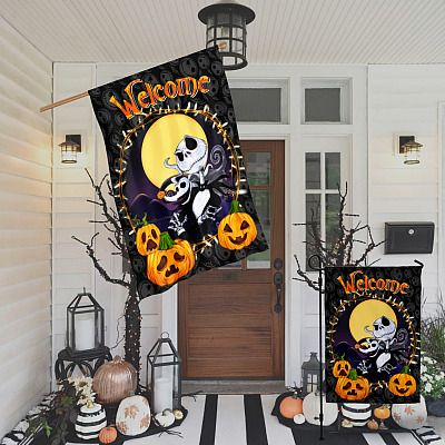 Alternative view of Welcome Halloween Jack Skellington Pumpkin Outdoor Indoor Decorative Garden Flag - House Flag - Wall Flag