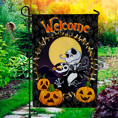 Welcome Halloween Jack Skellington Pumpkin Outdoor Indoor Decorative Garden Flag - House Flag - Wall Flag