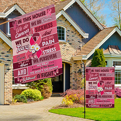 Alternative view of Pink Ribbon Breast Cancer Awareness In This House We Do Cancer Garden Flag - House Flag