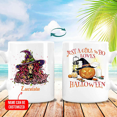 Personalized Halloween Gift Just A Girl Who Loves Halloween 2 Sided Coffee Mug - Water Bottle