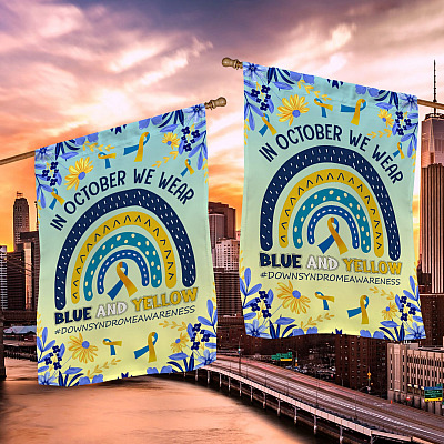 Alternative view of In October We Wear Blue and Yellow Down Syndrome Awareness Garden Flag - House Flag - Wall Flag
