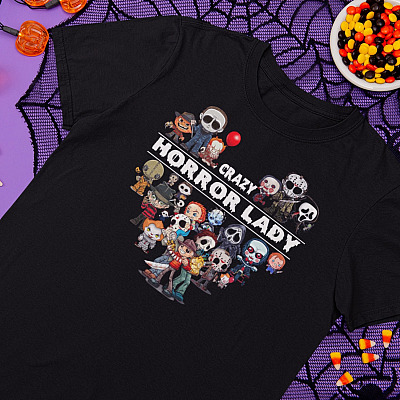 Alternative view of Crazy Horror Lady T-shirt - V-Neck Tee - Funny Halloween Horror Movies Character Shirt