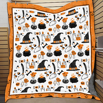 Alternative view of Halloween Witch Things Witch Hat and Broom Fleece Blanket - Mink Sherpa Blanket - Woven Blanket
