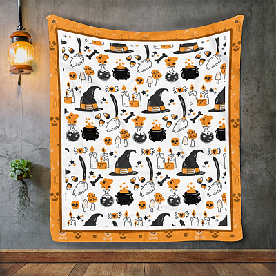 Halloween Witch Things Witch Hat and Broom Fleece Blanket - Mink Sherpa Blanket - Woven Blanket