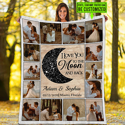 I Love You to The Moon and Back Personalized Photo and Star Map Blanket - Wedding Fleece Blanket - Sherpa Blanket - Blanket for Couples