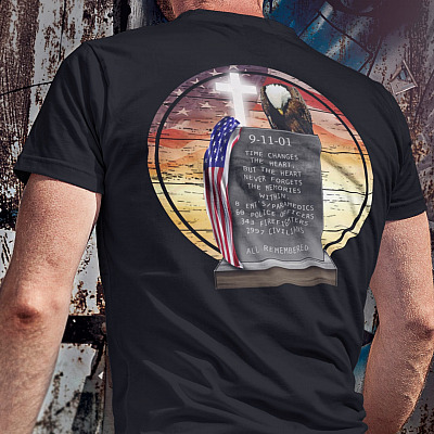 Alternative view of 9-11-01 Never Forget the Memories 20 Years Anniversary Print On Back T-Shirt - 9-11 Never Forget Shirt