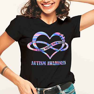 Alternative view of Love Needs No Words Autism Awareness T-Shirt - V-Neck - Youth Tee - Autism Awareness Month Gifts