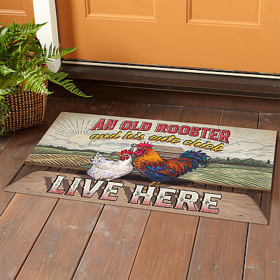 Alternative view of An Old Rooster And His Cute Chick Live Here House Doormat - Outdoor Indoor Doormat