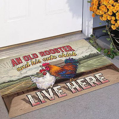 An Old Rooster And His Cute Chick Live Here House Doormat - Outdoor Indoor Doormat