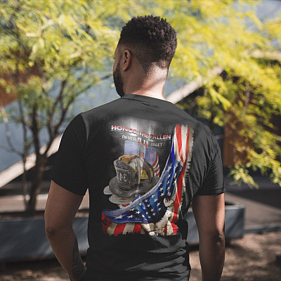 Alternative view of 343 Firefighter Honor the Fallen Never Forget 911 Print On Back Plain Front T-Shirt - 9/11 Memorial Day Shirt