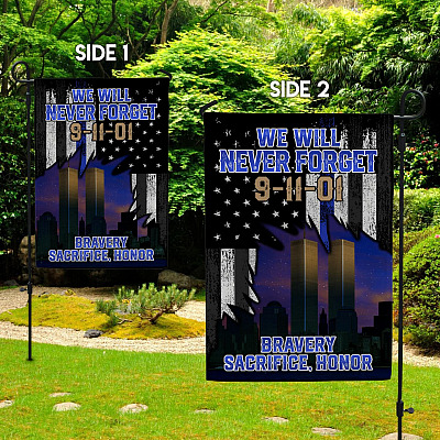 Alternative view of 9/11 Police We Will Never Forget American Garden Flag - 9/11/01 Bravery Sacrifice Honor House Flag
