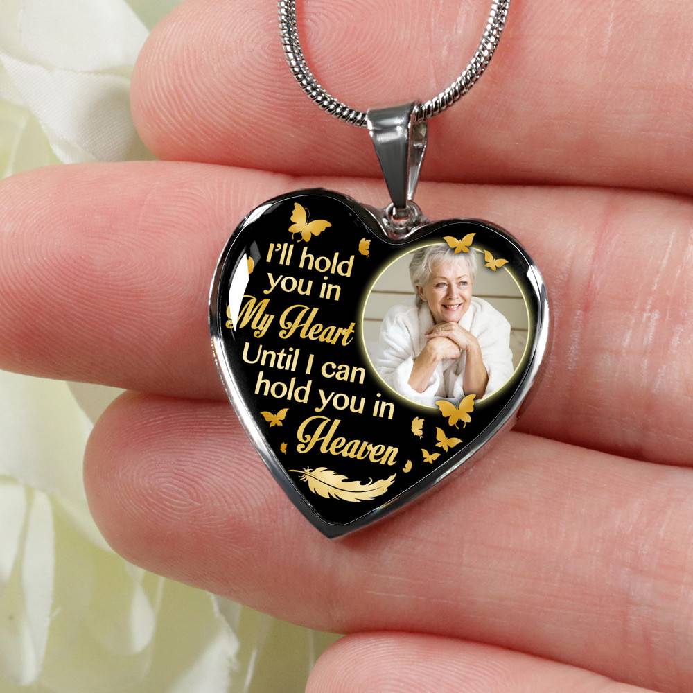 Custom Photo I'll Hold You In My Heart Until I Can Hold You In Heaven Feather Butterfly Memorial Heart Pendant Necklace