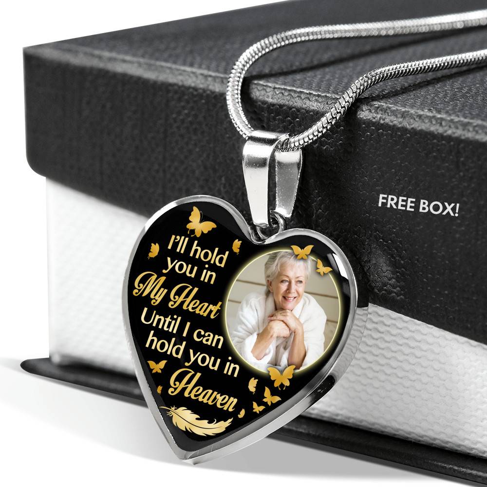 Custom Photo I'll Hold You In My Heart Until I Can Hold You In Heaven Feather Butterfly Memorial Heart Pendant Necklace